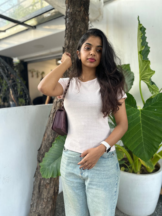 pink checked crop tee