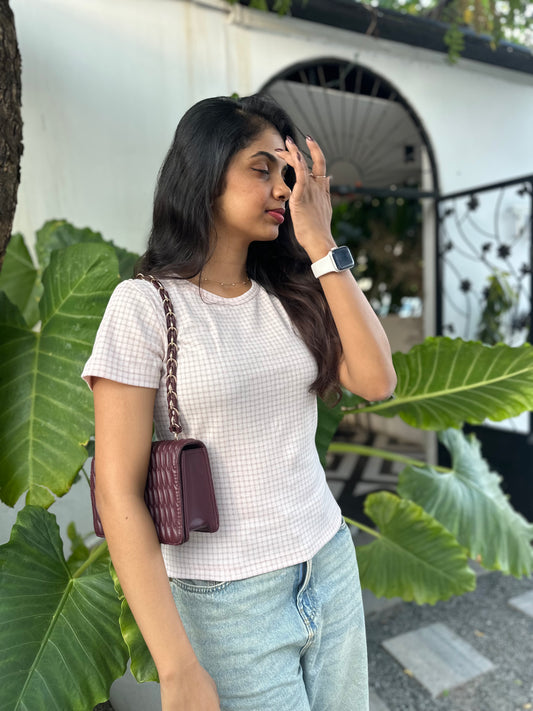 pink checked crop tee