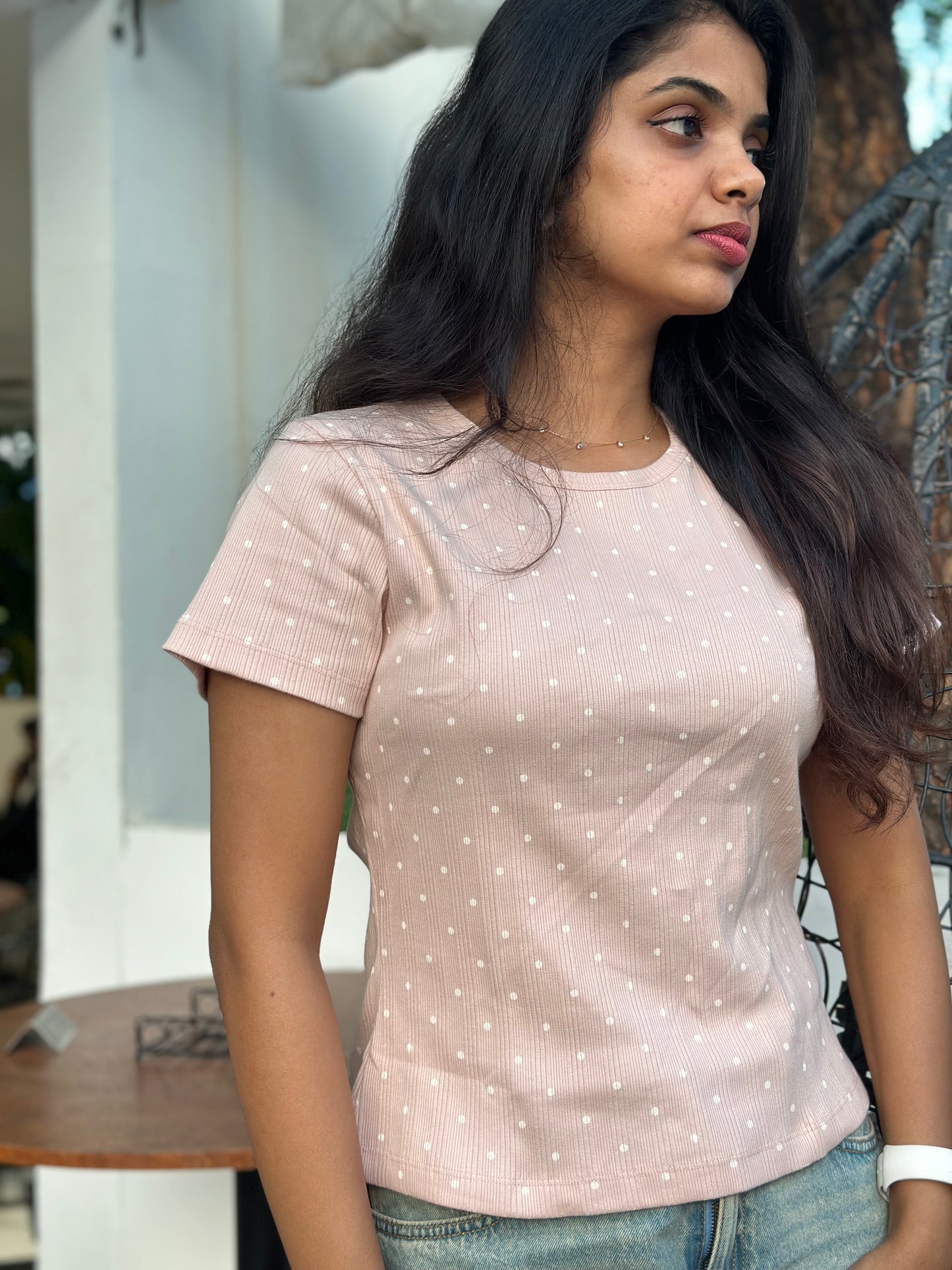 pink and white polka dots crop tee