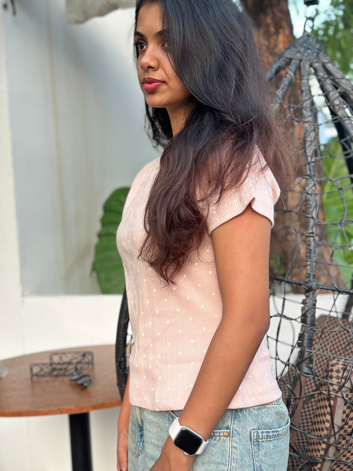 pink and white polka dots crop tee